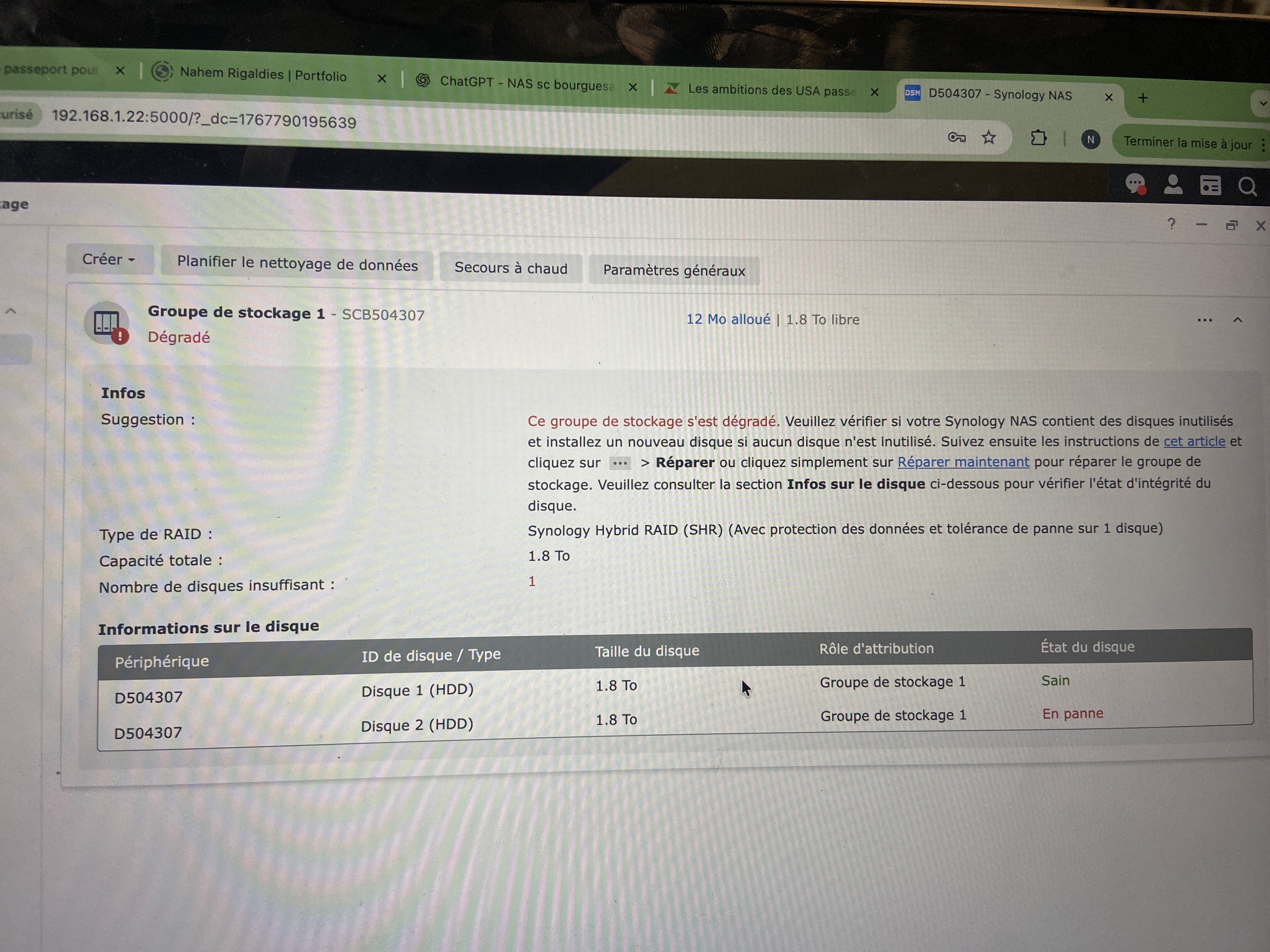 Stockage dégradé / disque en panne